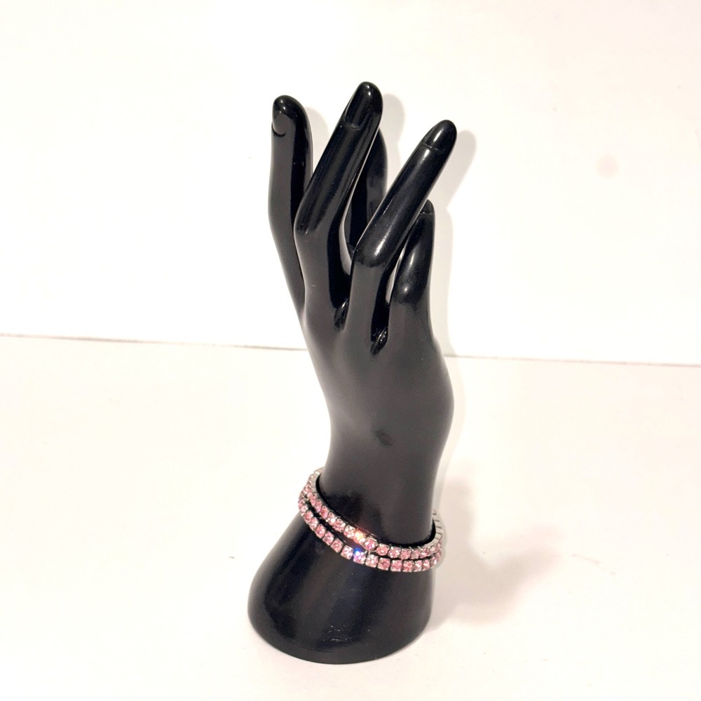 Pink Rhinestone Silver Tone Stretch Tennis Bracelet Set of 2 Bangle Extendable - Picture 4 of 11